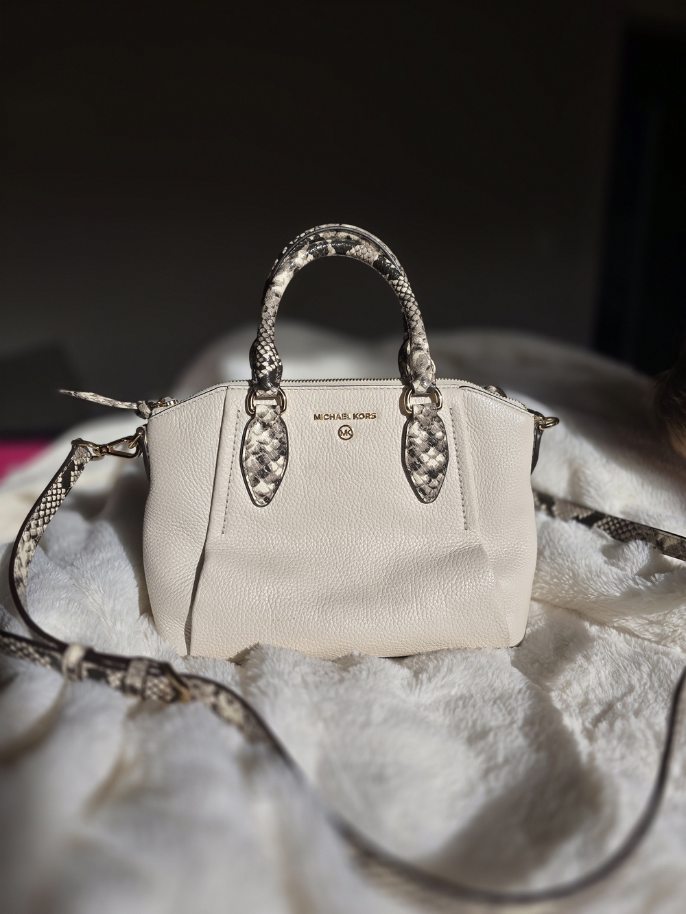 Michael Kors Cream Pebbled Leather Satchel with Snake-Print Accents